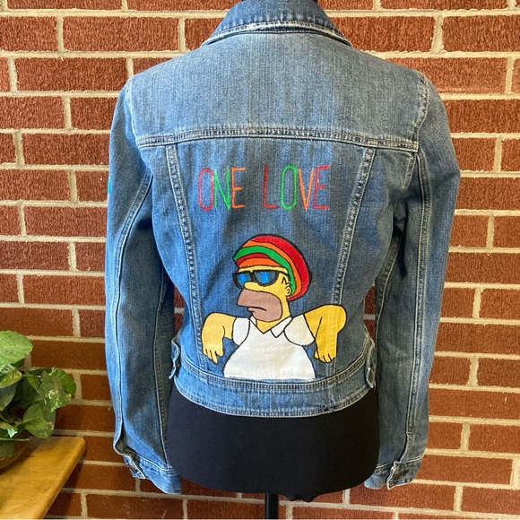 .Jamaican Homer Simpson "One Love" American Eagle Hand Painted Denim Jacket Med - Picture 1 of 14